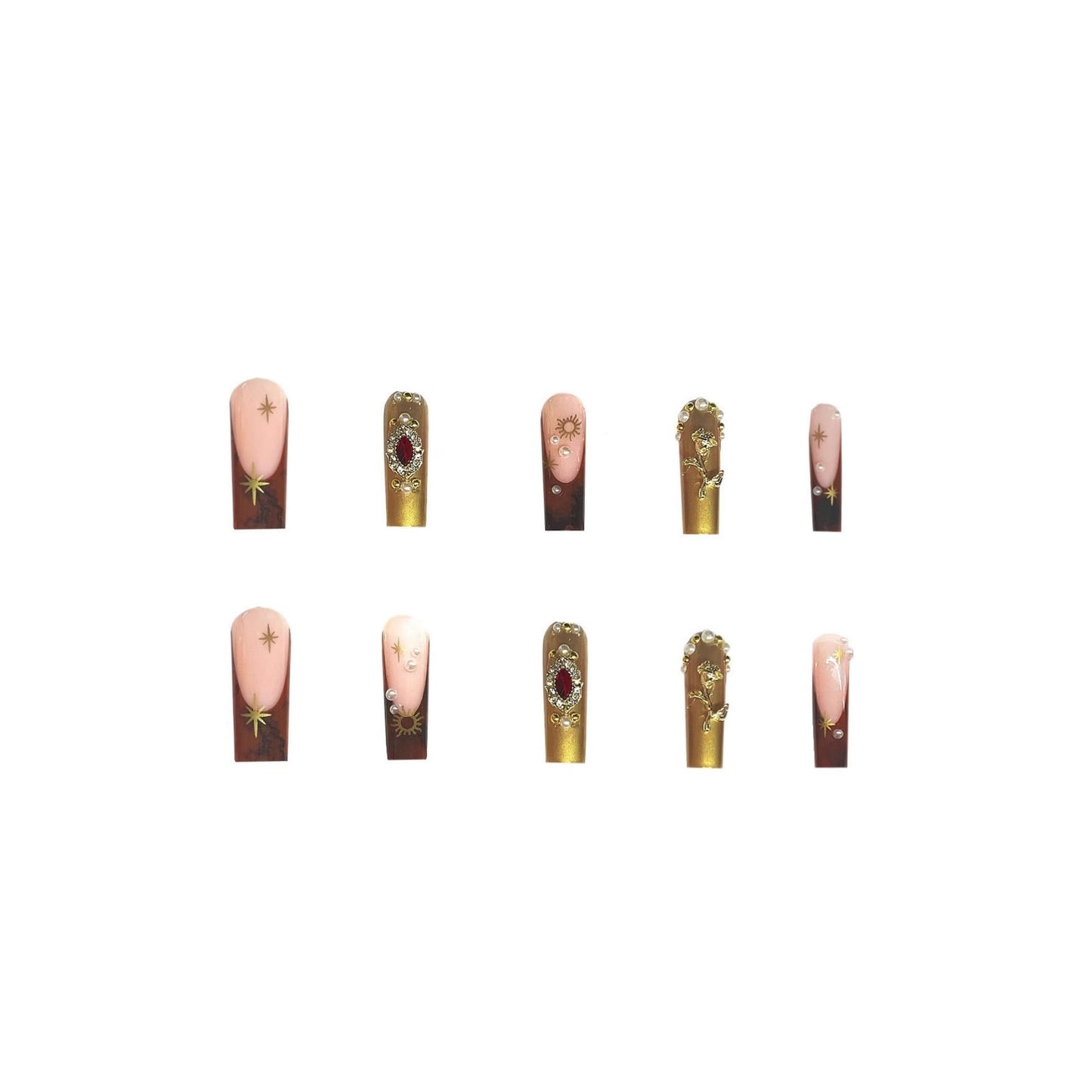 Long Press on Nails Square Fake Nails Bow Artificial Nail Pearl and Red Rhinestones Designs Gold Flowers Stick on Nail for Women 24pcs