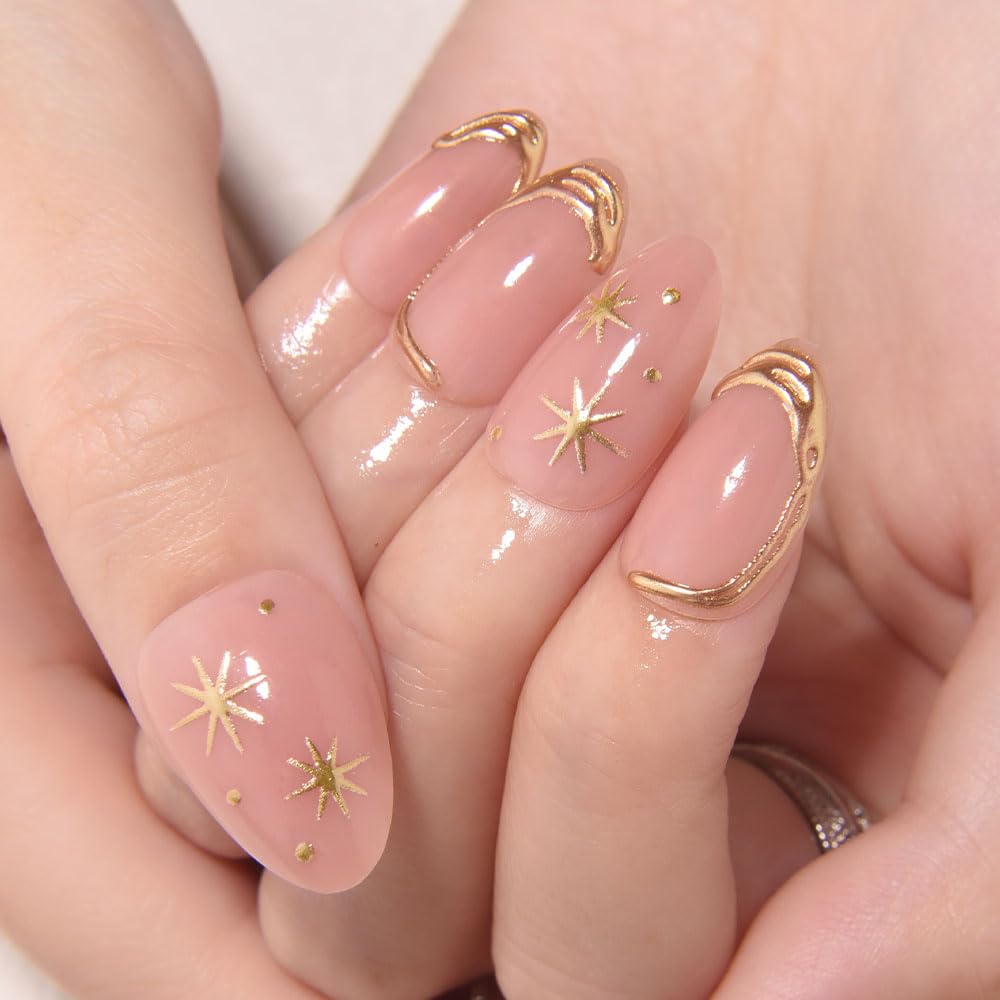 evpct Short Almond Press on Nails with French Tip & 3D Gold Line Star Design, Glossy Full Cover Acrylic False Nails with Glue, Reusable Stick - Glue on Fake Nails for Women- Fall Nail Art Gift