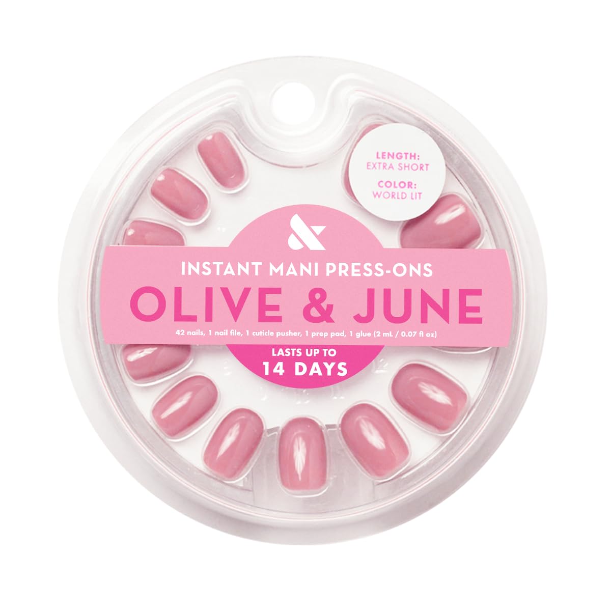Olive & June Instant Mani Press On Nails (Glue) | Mauve | Extra Short, Round | 42 Fake Nails, 21 Sizes | Non-Toxic, Long-Lasting | Recycled Materials | Realistic Look | World Lit