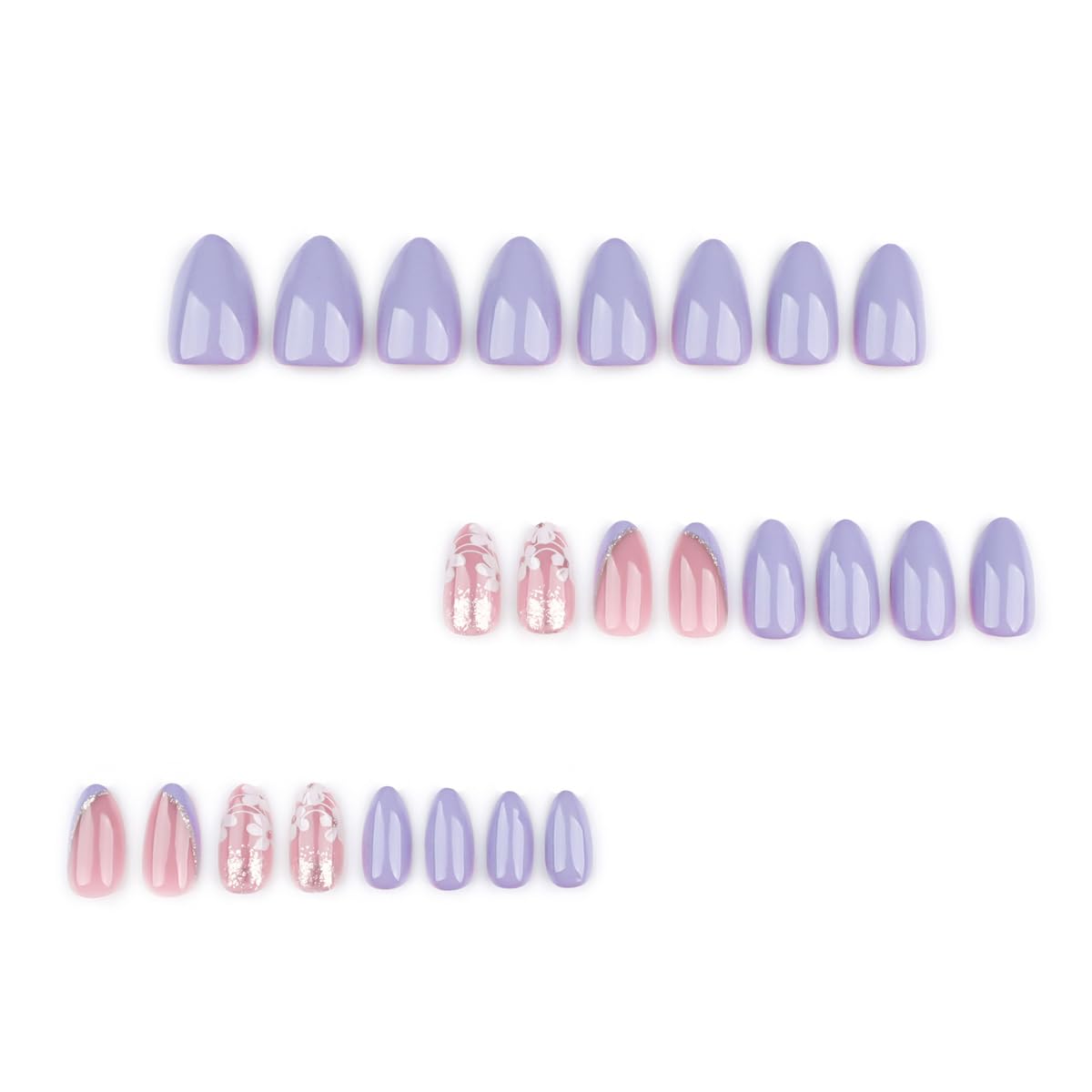 Purple Press on Nails - Medium Almond Fake Nails with Gold Glitter&Flower Designs False Nails Spring Glue on Nails Reusable Full Cover Stick on Nails for Women Manicure 24Pcs