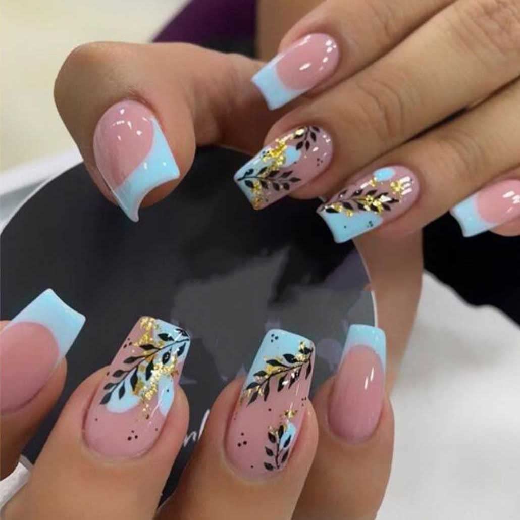 Foccna 24pcs Pink Fake Nails Square French Tip Press on Nails Medium Glossy Blue False Nail Tips Artificial Finger Manicure for Women