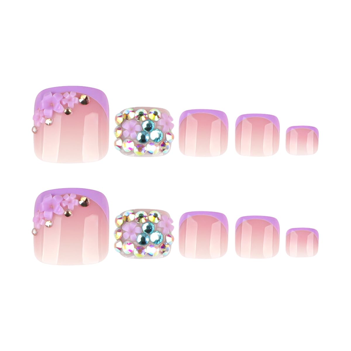 yefiuo Handmade Press on Toenails Purple French Toe Press on Nails Tips Kit Fake Toe Nails Press ons False Toenails Flower Rhinestones Acrylic Glue on Nails Stick on Nail for Women Nail Supplies 24Pcs