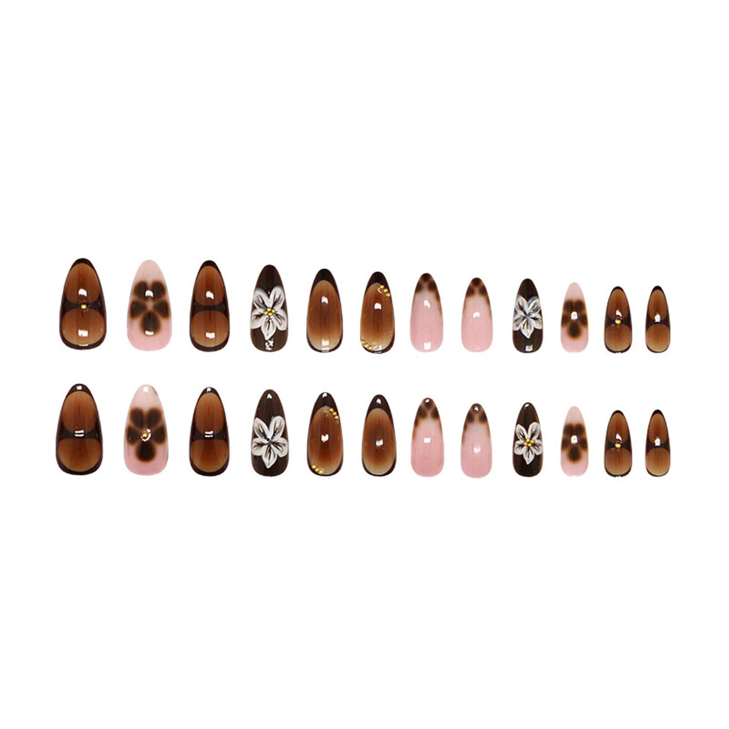 24Pcs Brown French Tip Press on Nails Medium Fake Nails 3D Gold Carved Beads Flower Design Glossy Full Cover Acrylic False Nail Glue on Artificial Nails Glossy Stick on Nail for Women Manicure Set