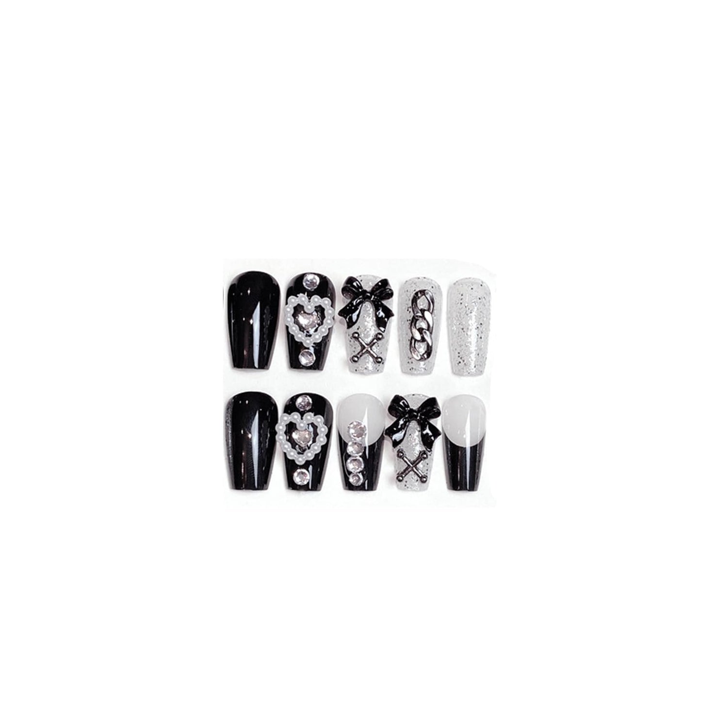 SINHOT Square Press on Nails - Medium Fake Nails, Glossy Finish, 3D Goth Black Cartoon & Pearl Hearts, DIY Artificial False Nail Art - 24 Pcs Nail Kit with Glue