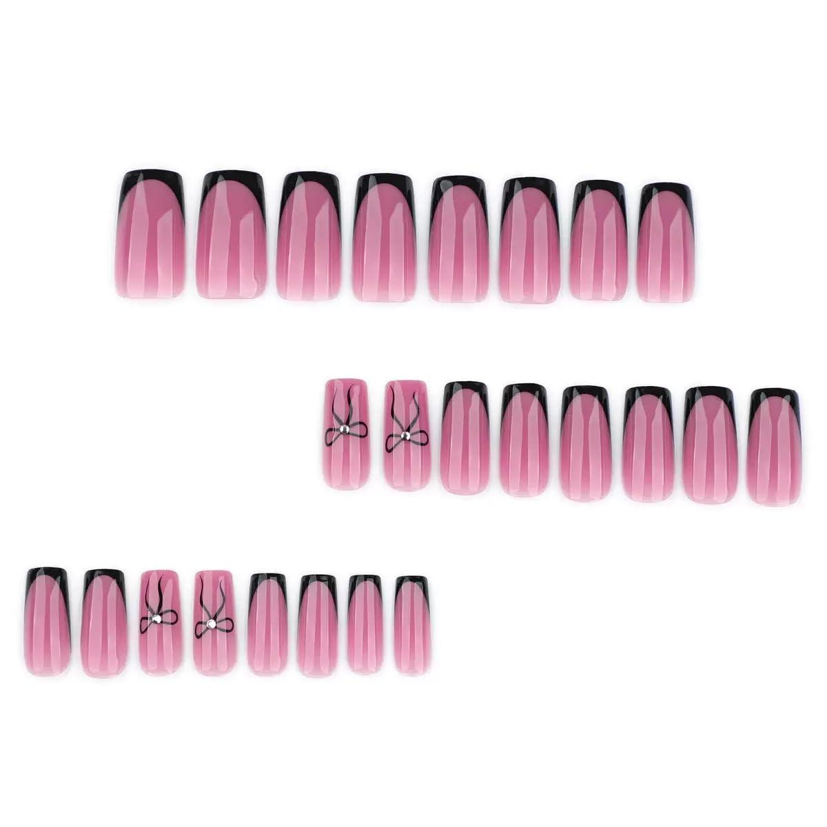 CTTHNBD Square Press on Nails Medium - Black French Tip Fake Nails with Bow Design - Nude Pink, Glossy False Nails for Women - 24 Pcs