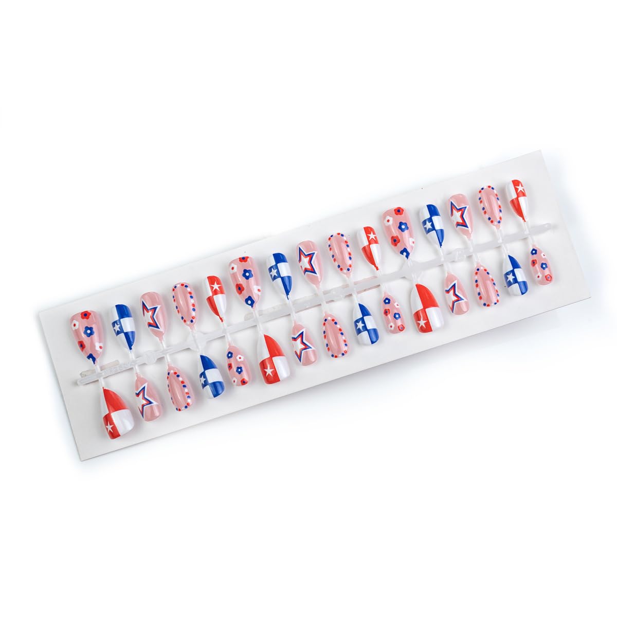 Independence Day Press on Nails Medium Almond Fake Nails Red White Blue Plaid Full Cover False Nails Press ons Glossy Star Patriotic Nails 4th of July Glue on Nails for Women Manicure 24Pcs