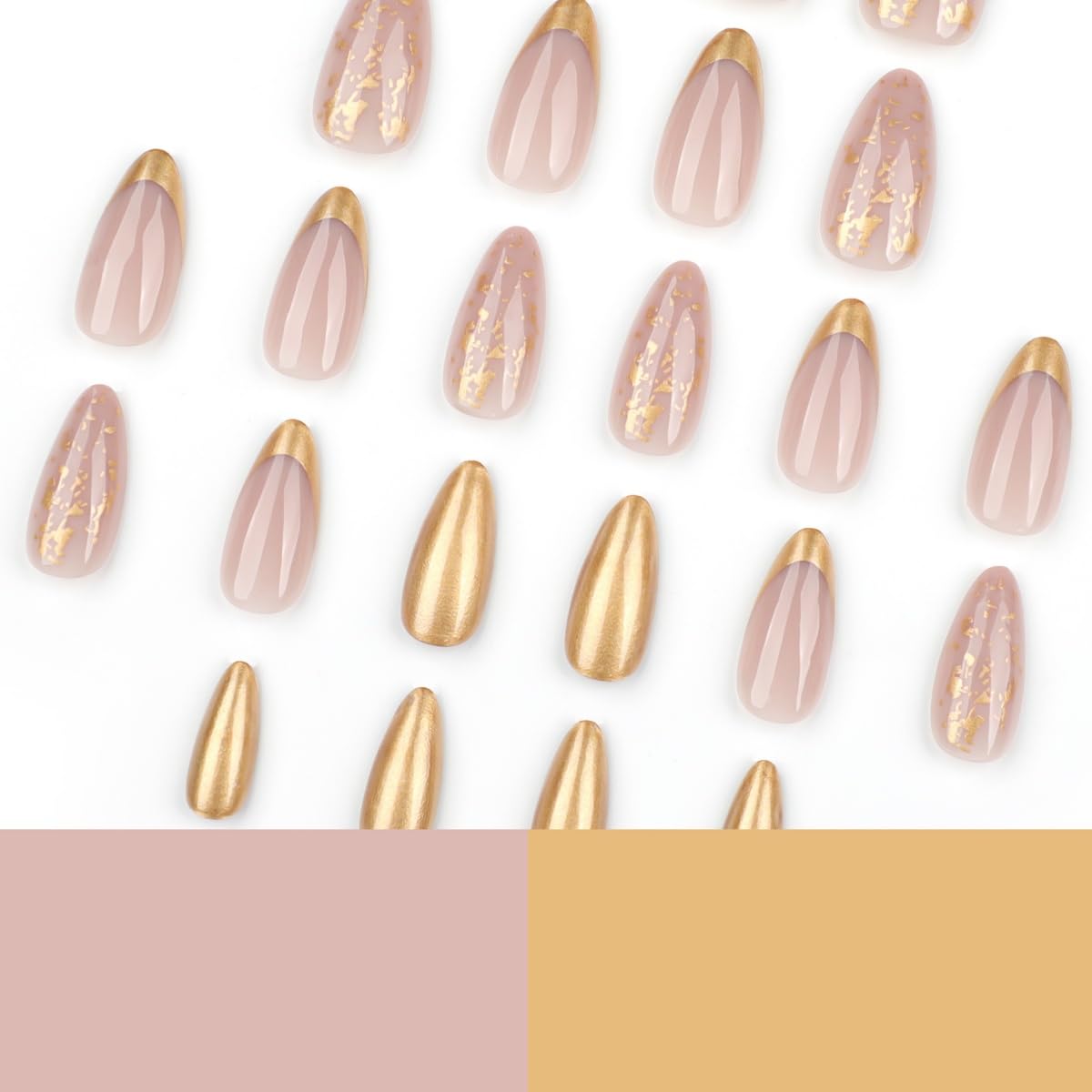 French Tip Press on Nails Medium Almond Gold Foil Glue on Nails Glitter Fake Nails Full Cover Nude Glossy False Nails for Women DIY Manicure Decoration 24PCS Reusable Acrylic Nails