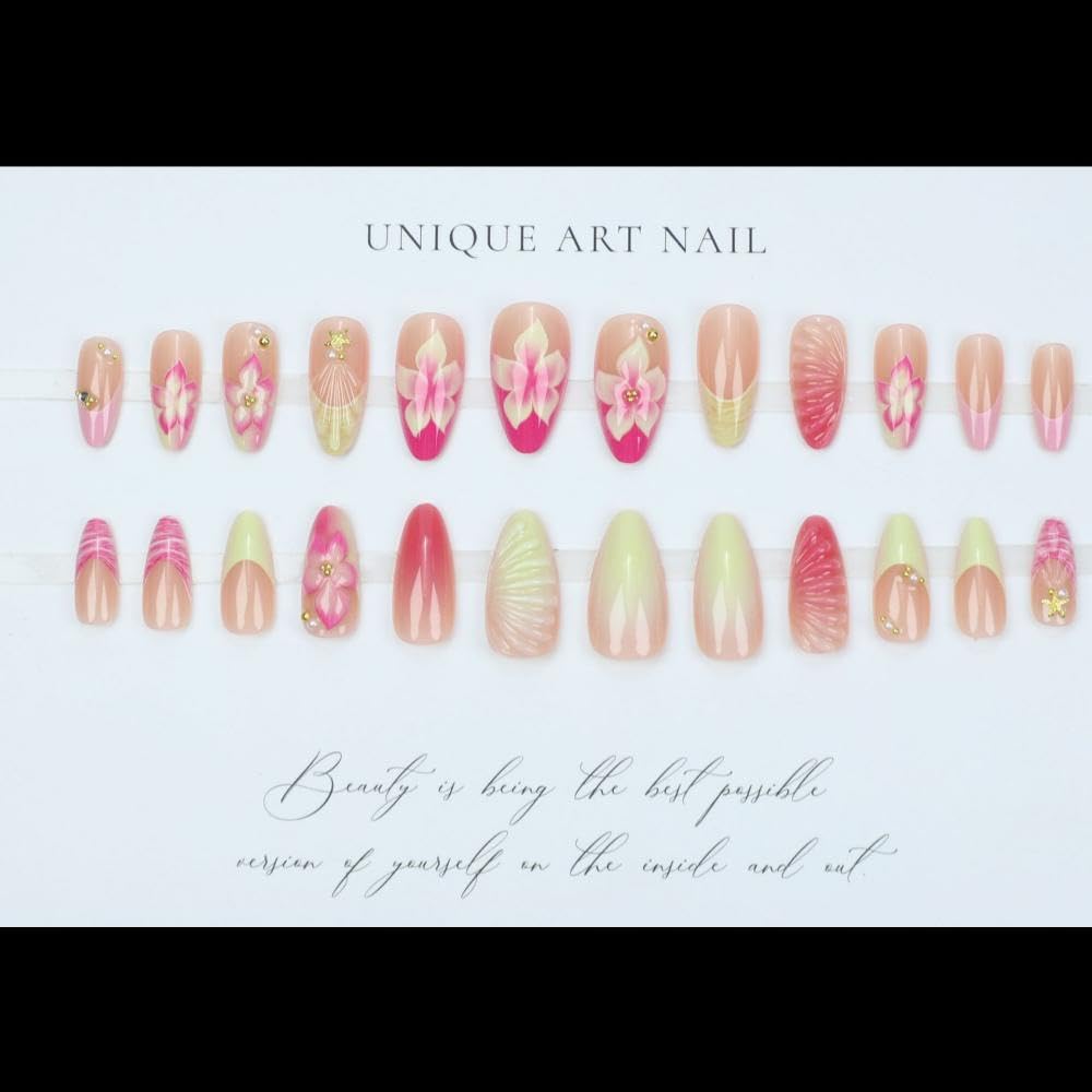 Handmade Press on Nails Medium Almond Fake Nails with 5D Rhinestones Flower Design Yellow French Tip False Nails Pearl Starfish Glue on Nail Glossy Ombre Pink Nail for Women Manicure 24Pcs