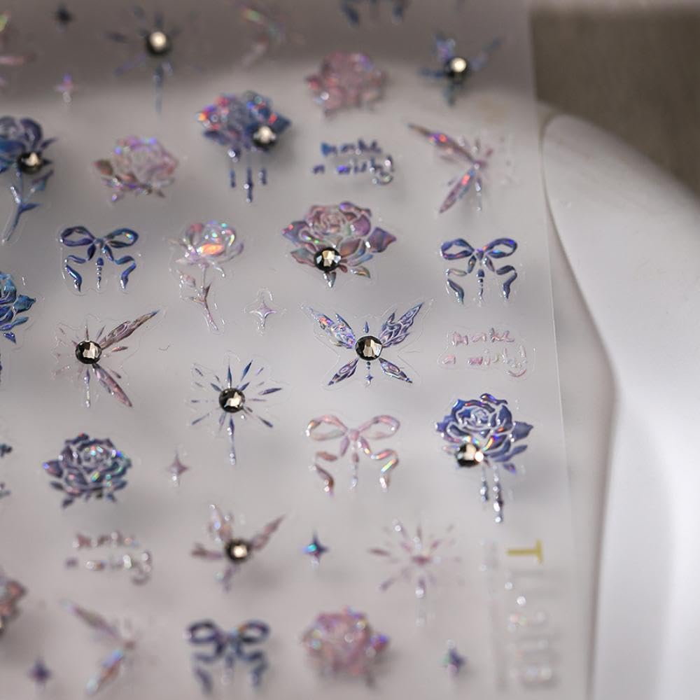 Aurora Flower Nail Stickers 5D Embossed Holographic Pearl Butterfly Nail Decals 3D Self-Adhesive Laser Bow Nail Art Supplies Spring Iridescent Nails Decoration Accessories for Women Manicure 1 Sheet