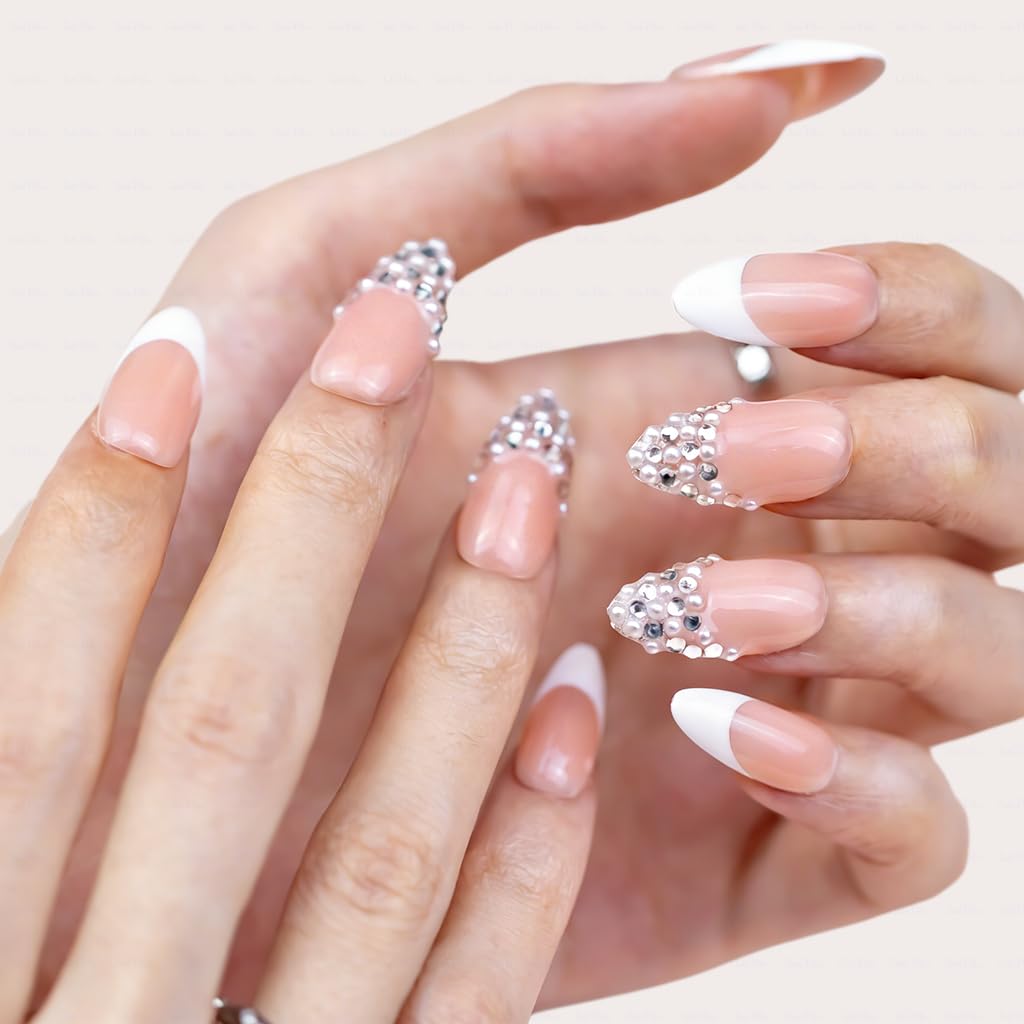 IntoVibes 10 Pieces Handmade Press On Nails Medium Almond, White Thickened French False Nails, Pearls And Rhinestone, Reusable Fake Nails Almond, Reusable Acrylic Nails (L)