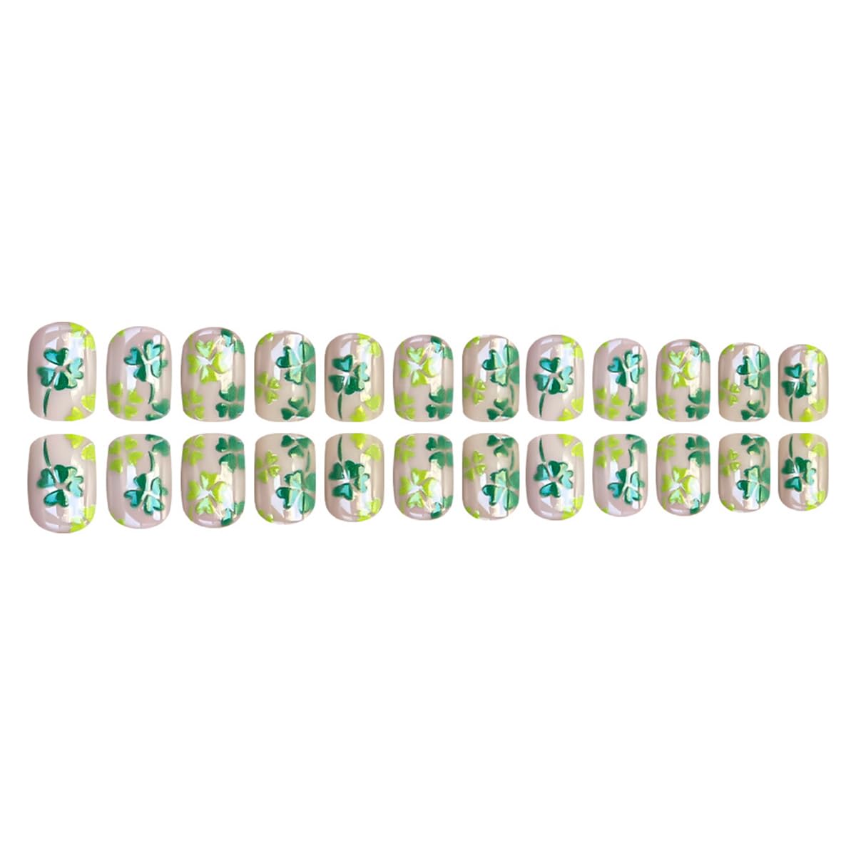 24Pcs St. Patrick's Day Press on Nails Short Square QUNQINLI Fake Nails with Four-Leaf Clover Designs Green Nails Press ons Glossy Full Cover Nude Glue on Nails Reusable Stick on Nails for Women