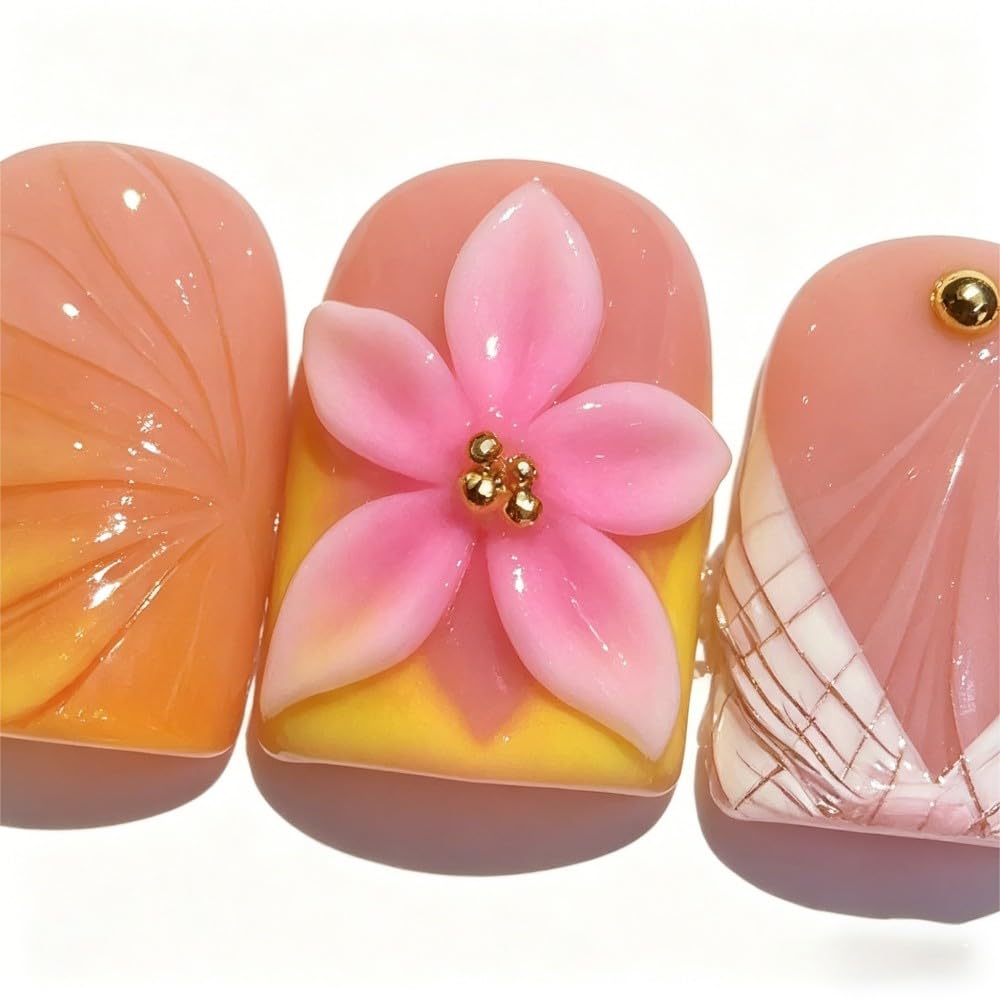 Vokupoga Handmade Press on Nails Short Square Fake Nails French Tip False Nails with 3D Flower Designs Pink Acrylic Nails for Women 10Pcs(Size M)