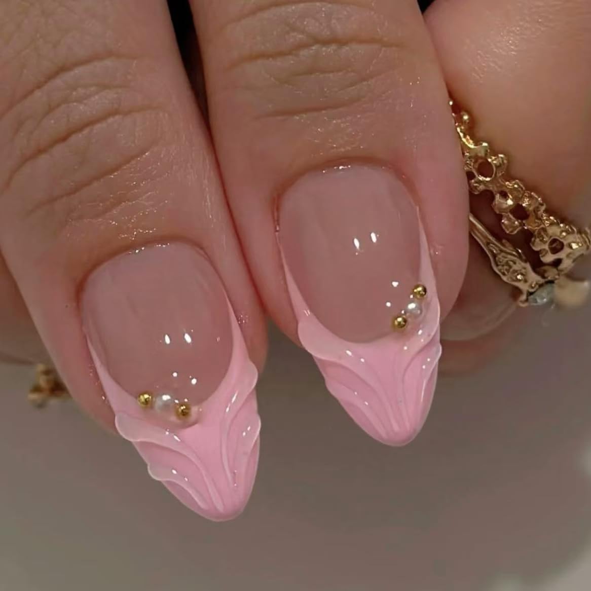 Handmade French Tip Press on Nail Almond Fake ons with Designs Chrome False Nails Long Glossy Full Cover Glue on Nails Stick Women Nails Manicure Decoration 10Pcs (MT-169-L)