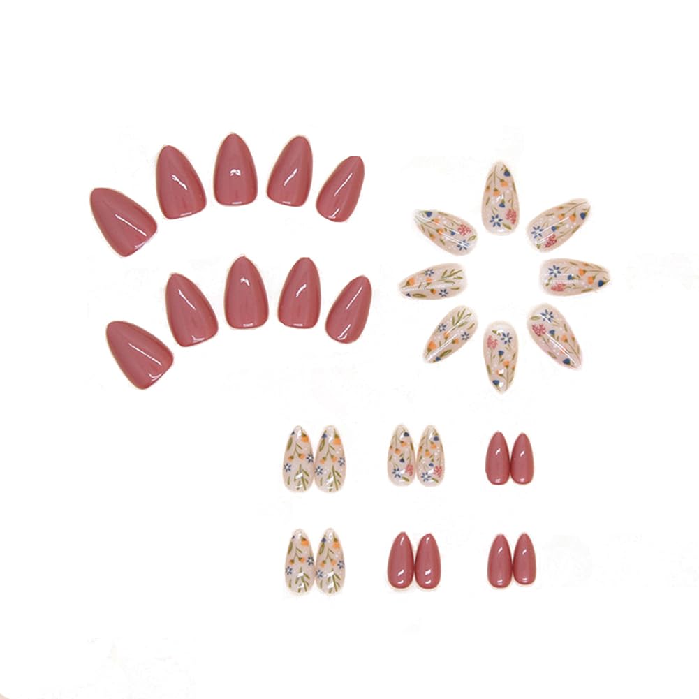 Hiynef 24Pcs Short Almond Press On Nails for Women – Glossy Acrylic Fake Nails with Floral Design, Reusable Full Cover Stick On Nails for Women & Girls