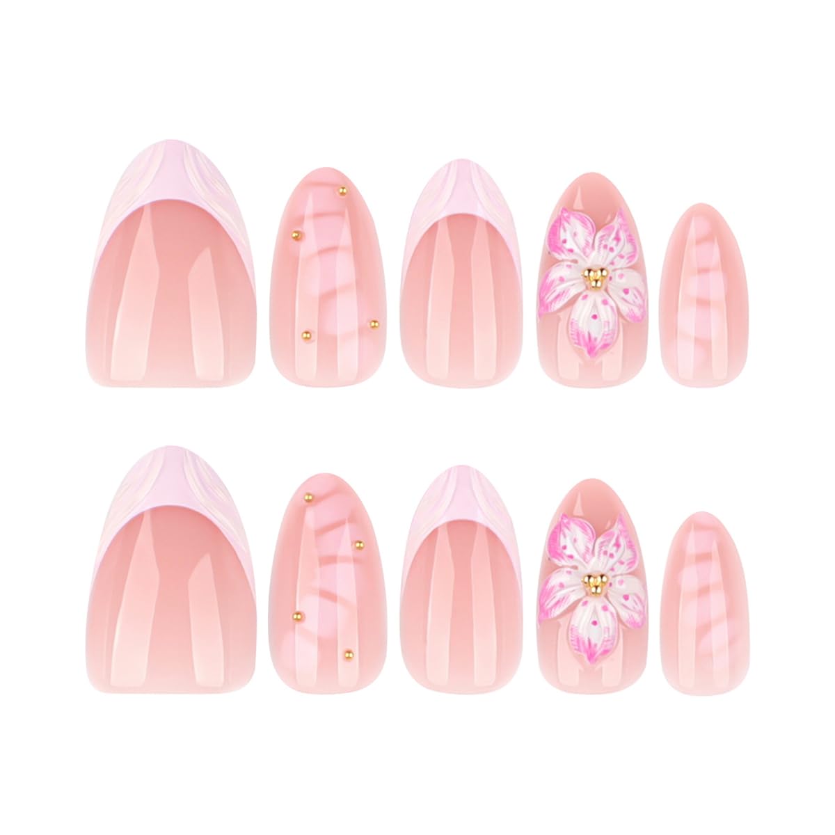 24Pcs French Tip Press on Nails Short Almond 3D Cherry Blossom Fake Nails Nude Pink False Nails with Gold Rhinestones Design Reusable Acrylic Glue on Nails for Women Wedding Party Daily DIY Manicure