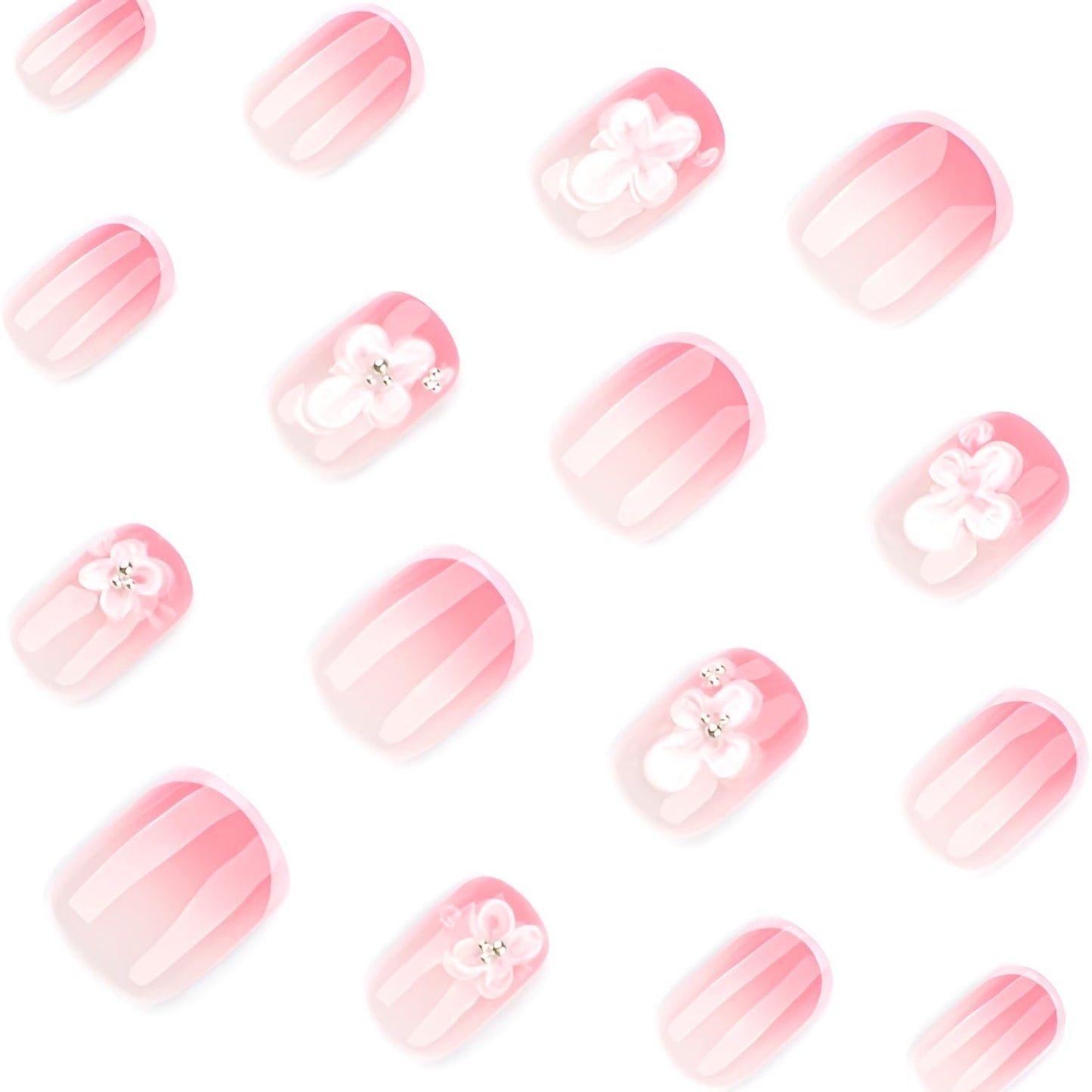 24Pcs Flower Press on Nails Short Square Fake Nails 3D pink Flower False Nails French Tip Nails Press Ons Glossy Full Cover Glue on Nail Gradient Stick on Nail for Women Decoration Set