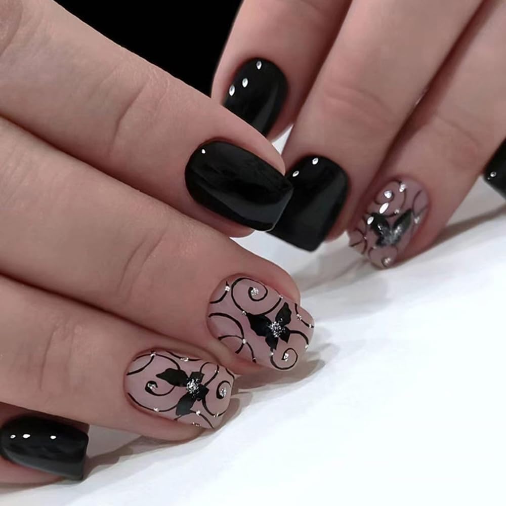 Black Press on Nails Short Square Fake Nails with Flower Vine Butterfly Design Full Cover Acrylic Nail Rhinestone Artificial Glue on Nails for Women Reusable Nails Decorations Kit 24Pcs