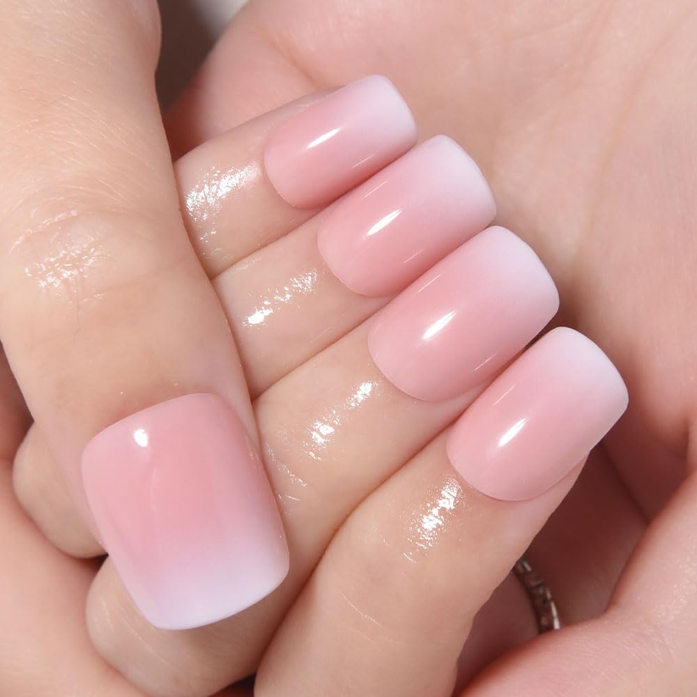 XZMeiLun Pink Brown and White Ombre Press on Nails, Short Square Acrylic Fake Nails Design, Natural Reusable Nails Kit for Women DIY False Nail Art Decoration Gift, Salon Quality Reusable