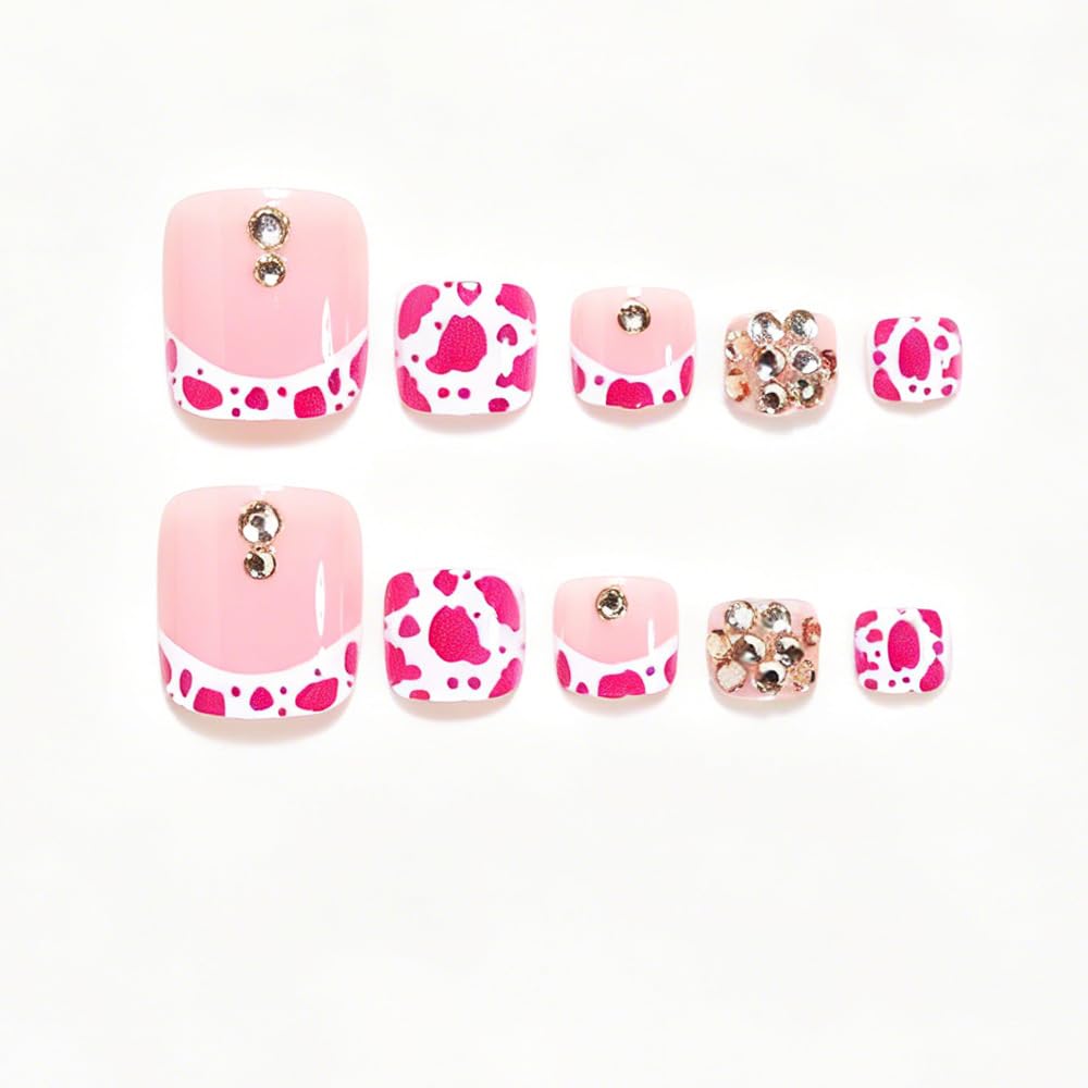 24Pcs Leopard Print French Tip Press on Toenails Short Square Fake Toe Nails Summer Toenail Press ons Full Cover Nude Acrylic False Toenails White French Tips Glue on Toe Nails for Women Manicure Kit