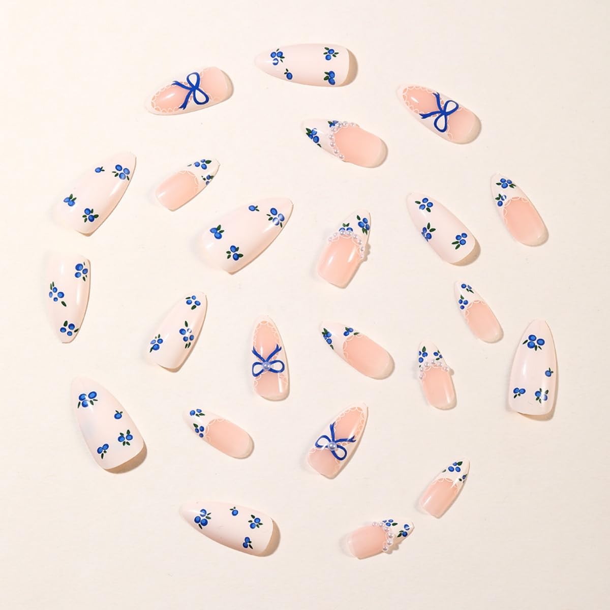 French Tip Press on Nails Long Almond, White Nude Fake Nails with Pearl Rhinestones Design, Blueberry Bow Acrylic Nails Full Cover Glossy False Nails for Women Manicure Decoration, 24PCS