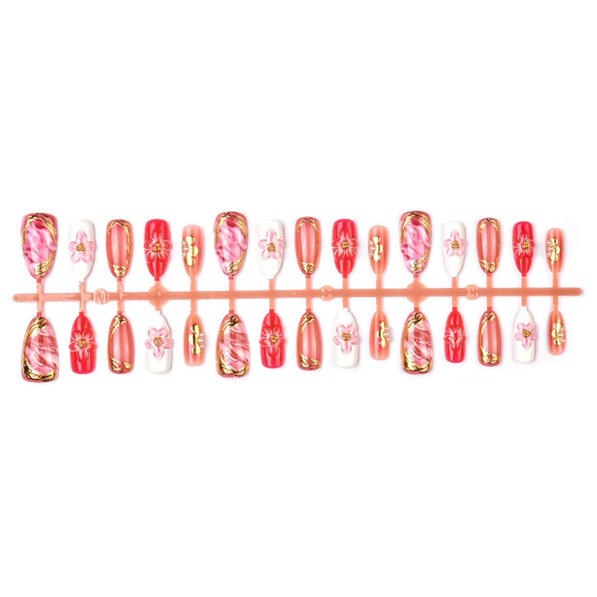 Mkwntg 30Pcs Pink Flower Press On Nails Medium Almond Fake Nails with 3D Gold Bead Pearl Ice Blooming Design Gold Line Summer Floral Ombre False Nails Cute Spring Full Cover Glue on Nails for Women