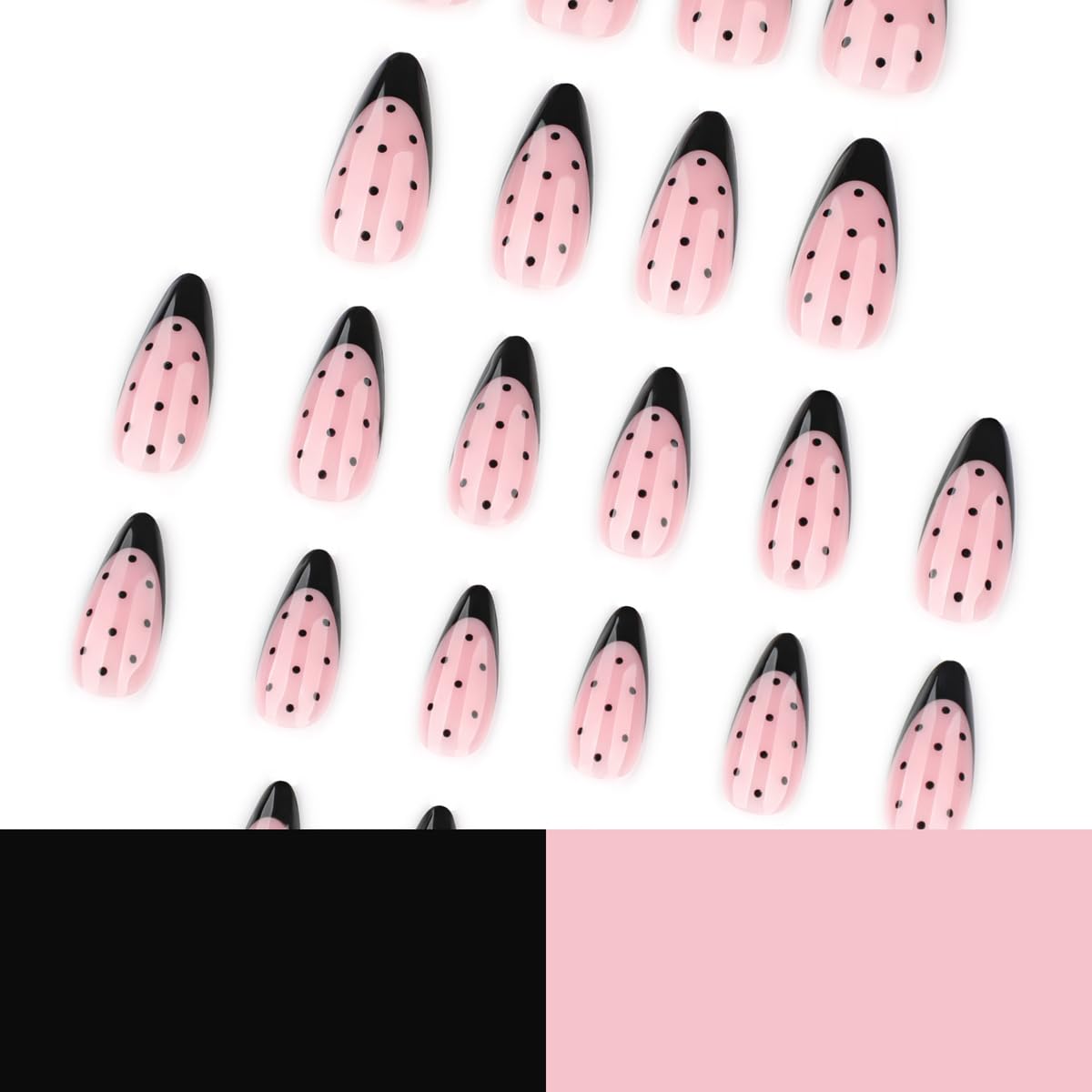 Black Fench Tip Press on Nails Medium Almond Fake Nails Cute Polka Dot Nails Press ons with Design Reusable Artificial Nail Full Cover Stick on Nails for Women Manicure 24Pcs