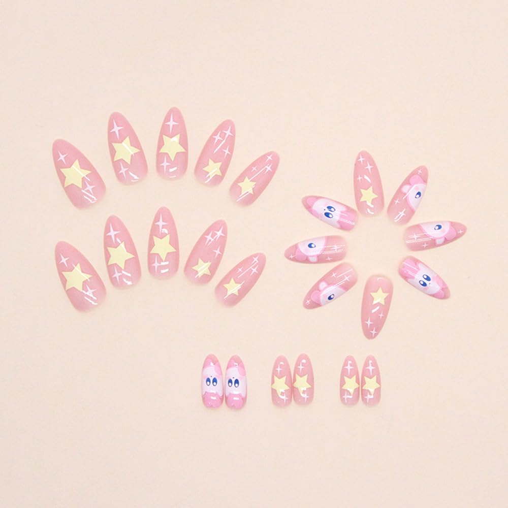 MINGCHUN Pink Press on Nails Medium Almond French Tip Fake Nails Press ons Acrylic Nail Art Kit Full Cover False Nails Glue on Nails with Kawaii Elf Starry Sky Design for Women Nail Supplies 24Pcs