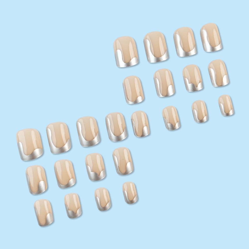 Square Press on Nails Short - Silver French Tip Fake Nails - Glue on Full Cover Stick on Glossy Acrylic Artificial Nails for Women Manicure - 24Pcs