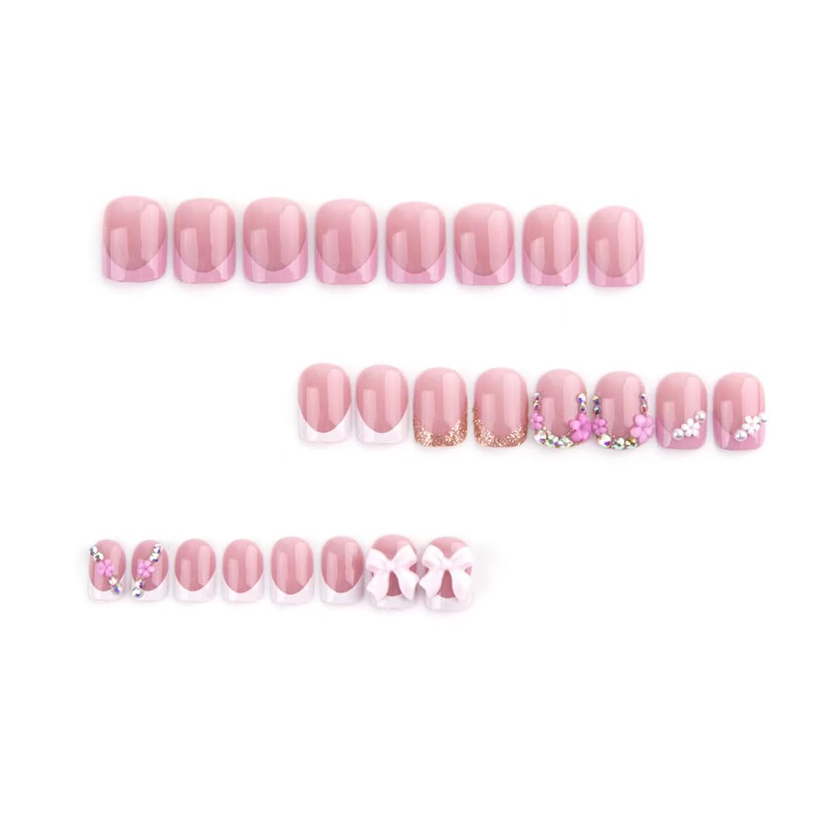 Bow Press on Nails Short Square Fake Nails French Tip Nail Press ons with Rhinestone Design Flower Glue on Nail Glossy Full Cover Artificial Acrylic Stick on Nails for Women Girls Manicure 24Pcs