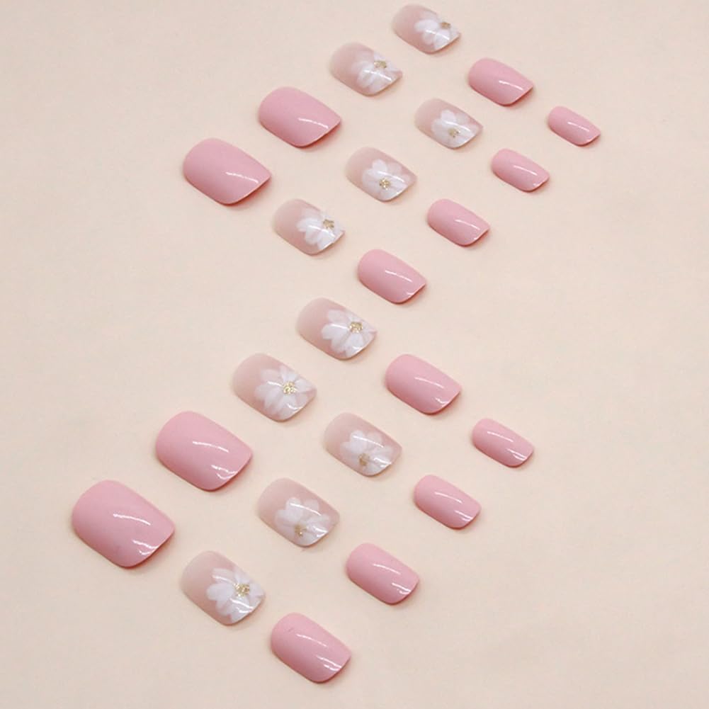 Whiosyrt Short Square Glossy Pink Acrylic Nails, 32pcs (12 Sizes) with Iced Camellia Design, ABS Material, Press On False Nails