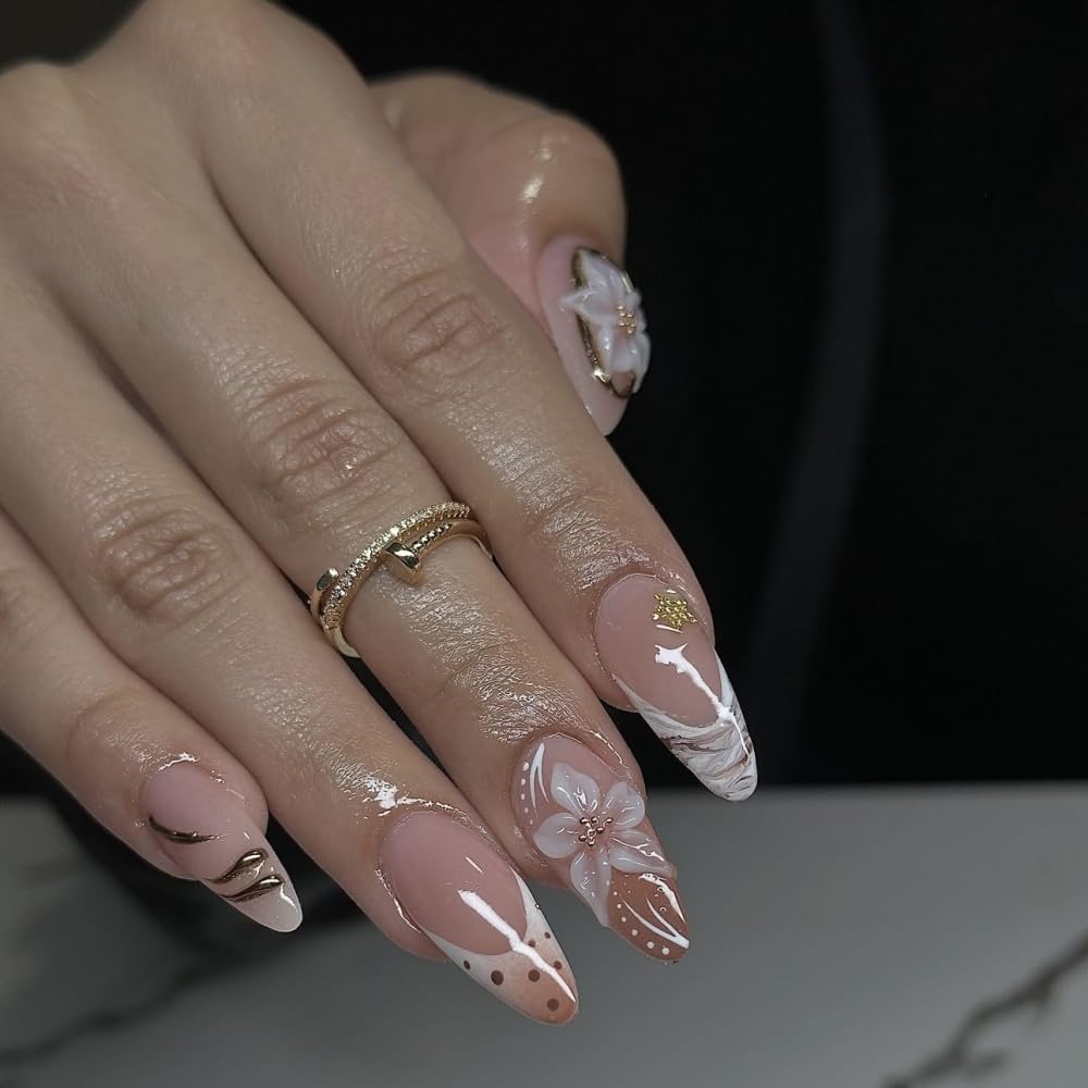 Polka Dots French Tips Press on Nails Medium Almond Nails Press on with 5D Flower Charm Design Glossy Marble Glue on Nails Gold Gilding Fake Nail Fall Winter Brown Nail for Women Manicure 24Pcs
