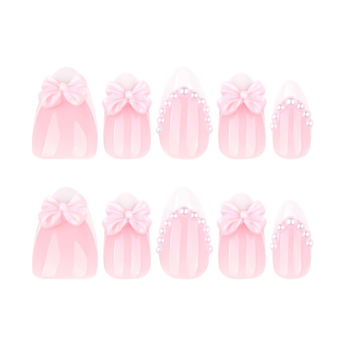 French Tip Press on Nails Short Almond Fake Nails Cute Pink White Nails Press ons with Bow Pearls Design Reusable Artificial Nail Full Cover Stick on Nails for Women Manicure 24Pcs