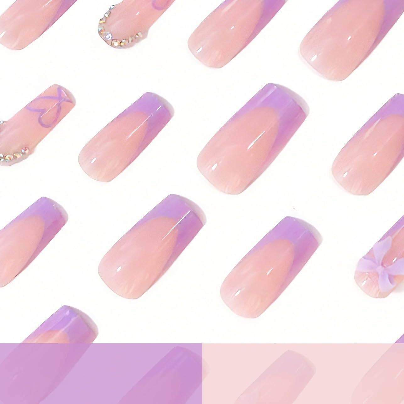 CTTHNBD Medium Press on Nails Coffin - Purple French Tip Fake Nails with Bow Charms Design - Heart False Nails Press ons - for Women 24 Pcs