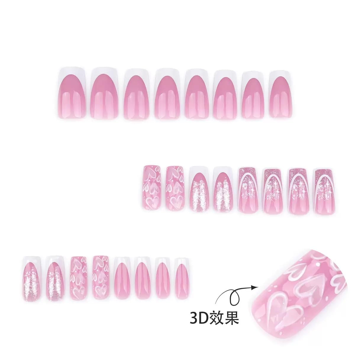 CTTHNBD Press on Nails Square - Medium Pink Fake Nails with Heart Desgin - White French Tip False Nails Press ons - for Women 24 Pcs