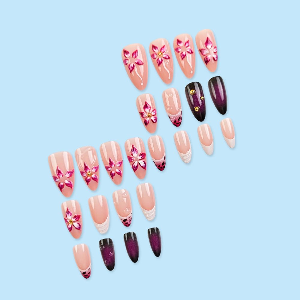 LBPEPAMZ 24Pcs Flower Press on Nails Medium Almond Fake Nails with 3D Floral Design Glue on Nails Gradient French Tip False Nail Gold Rhinestone Charms Acrylic Full Cover Stick on Nail for Women