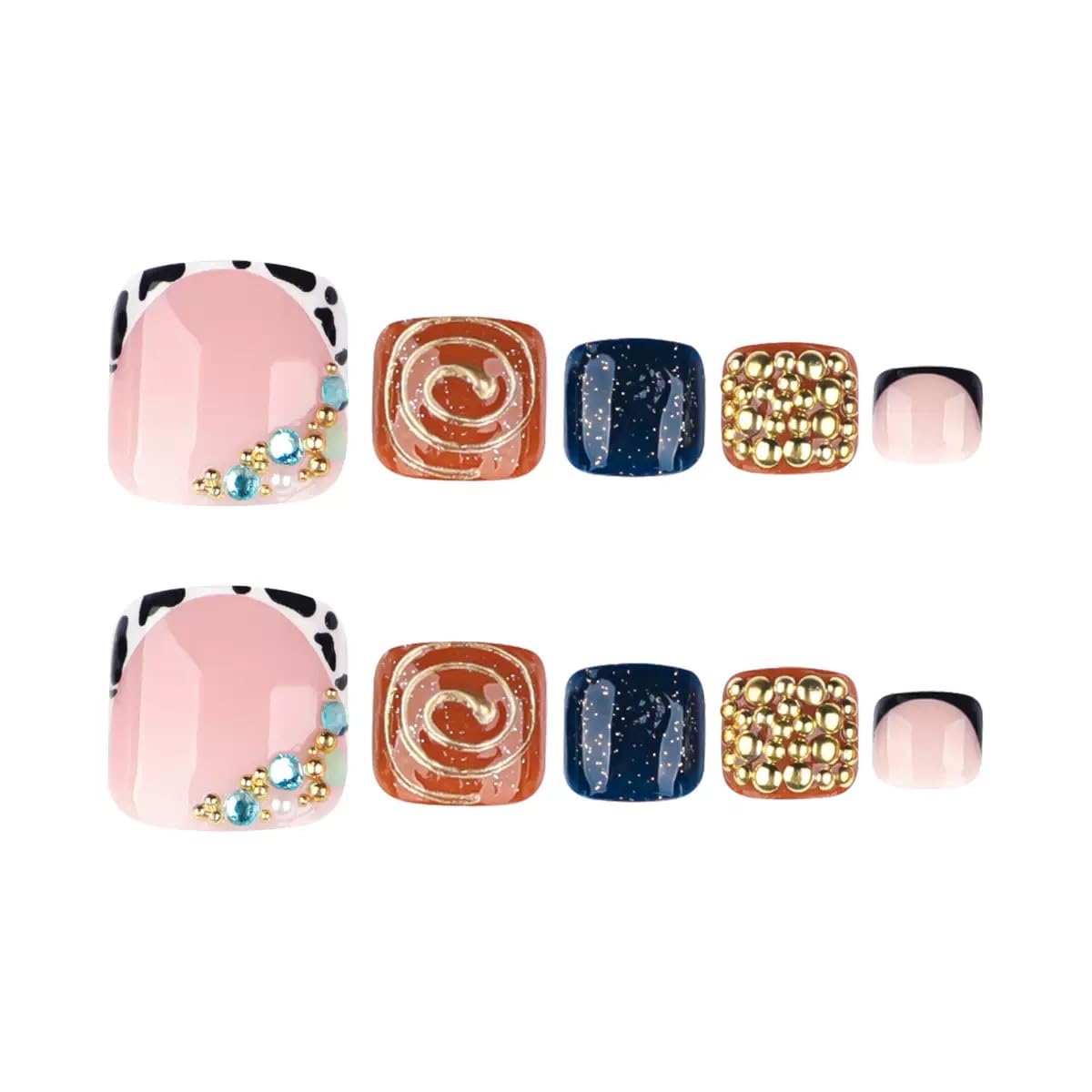 CTTHNBD Press on Toenails - French Tip Fake Toenails with 3D Gold Design - Shiny, Short Square Press on Toe Nails for Women 24 Pcs