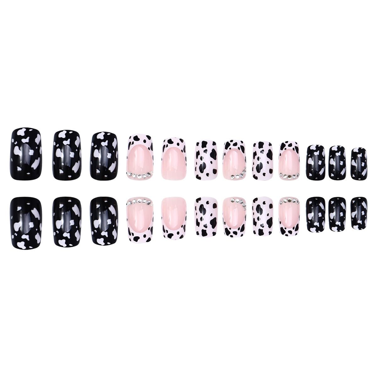 24Pcs Cow Press on Nails Short Square French Tip Fake Nails with Glitter Rhinestones Design Black White False Nails Full Cover Glue on Nails Glossy Leopard Cute Stick on Nails for Women DIY Acrylic
