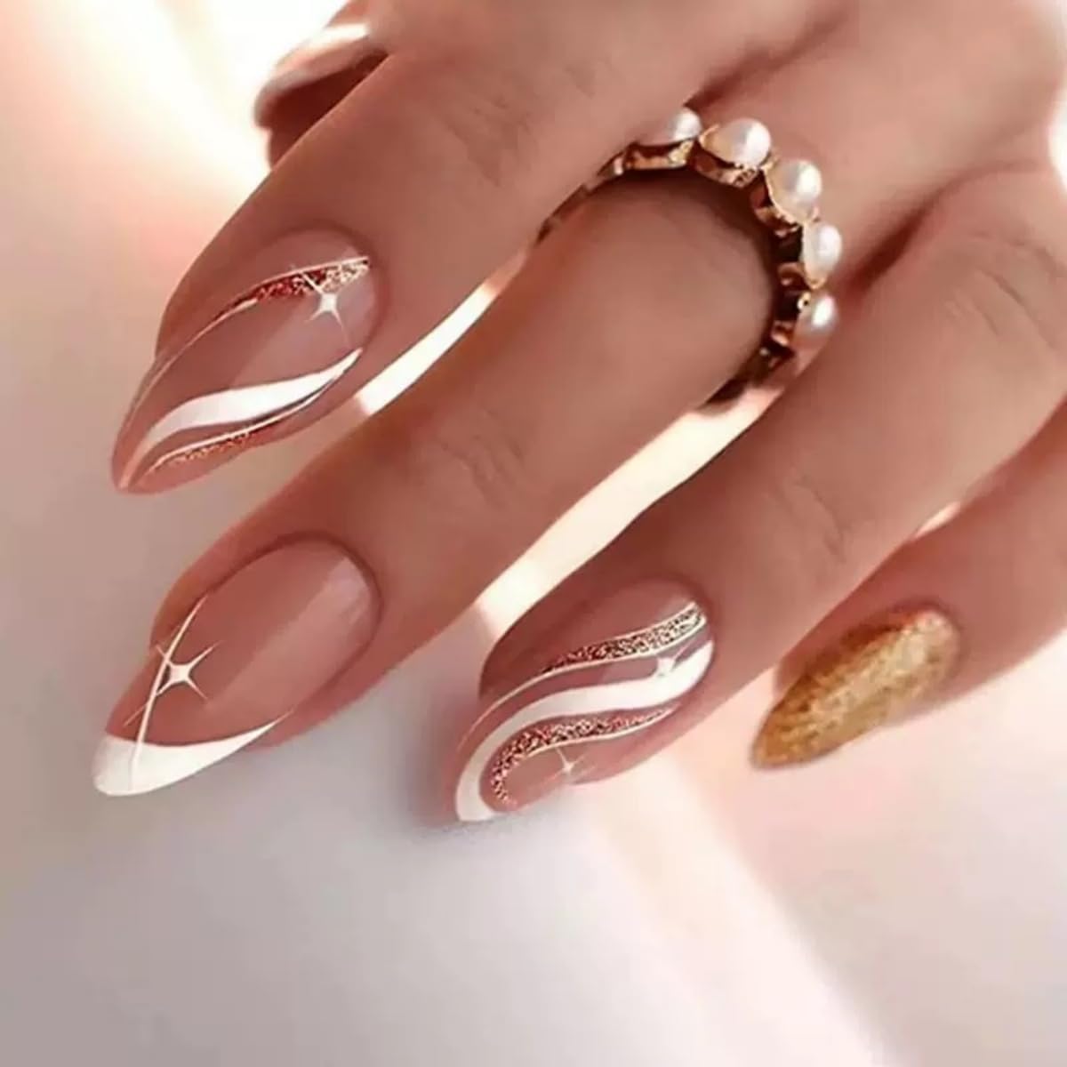 6 Packs (144 Pcs) Press on Nails Medium Almond Fake Nails Swirls False Nails with Designs Glitter Line Glue on Nails Full Cover Glossy Acrylic Stick on Nail for Women Manicure