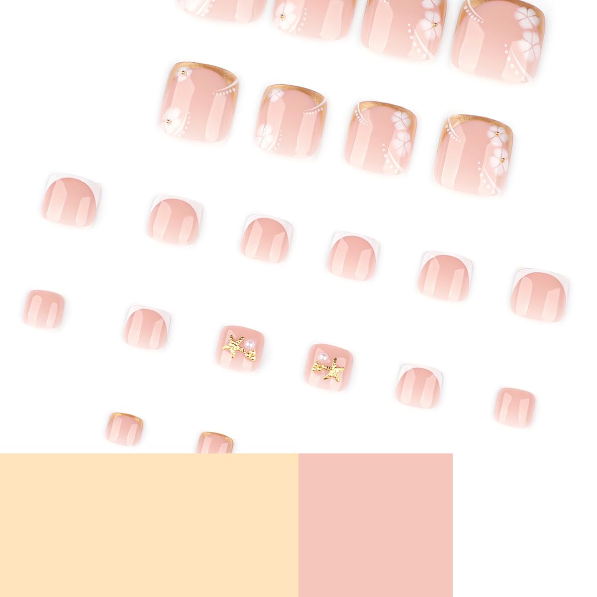 yefiuo Handmade Press on Toenails Gold French Toe Press on Nails Tips Kit Fake Toe Nails Press ons False Toenails Flower Starfish Acrylic Glue on Nails Stick on Nails for Women Nail Supplies 24Pcs