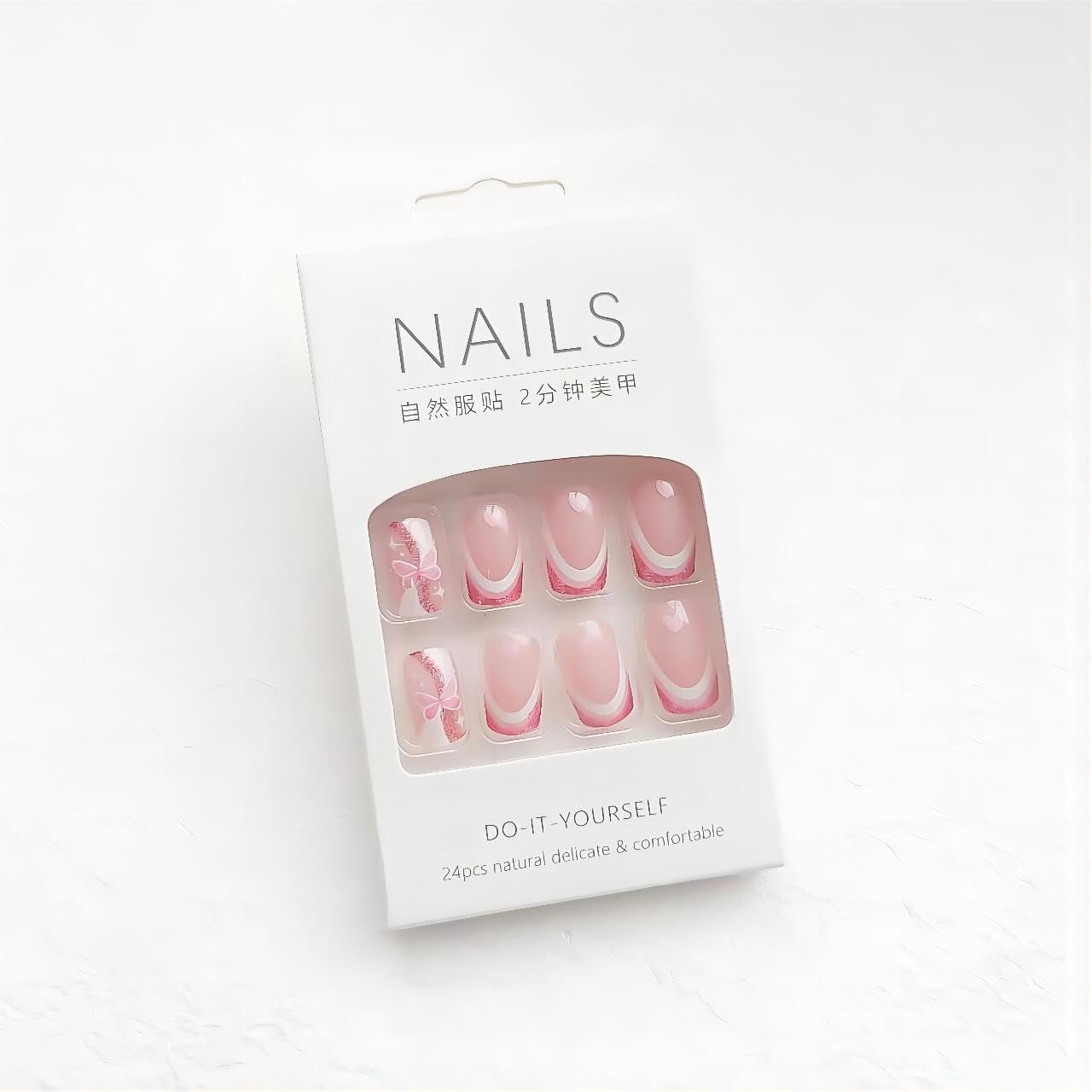 24Pcs Medium Press on Nails Square Fake Nails wiht Glitter Pink Butterfly and Heart/Love Designs False Nails French Tip Acrylic Nails Glossy Full Cover Stick on Nail for Women Nail Decorations