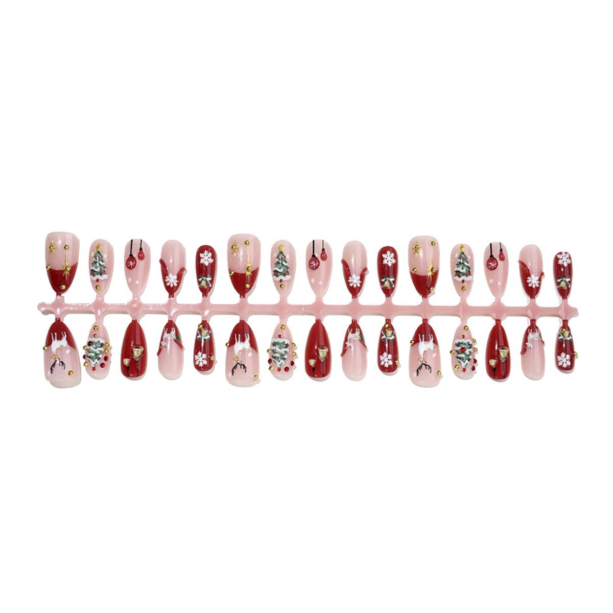 30Pcs Christmas Press on Nails Medium French Tip Fake Nails 3D Luxury Gold Beads Design Xmas Tree Bell Almond Acrylic Nails Cute Elk Snowflake Glue on Nails for Women Winter Christmas Manicure