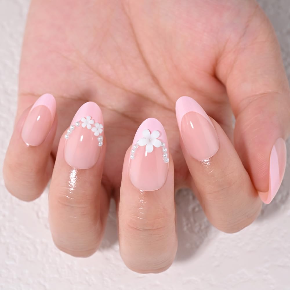 evpct Nude Pink French Press on Nails Short Almond with 3D Flower Design, Pink French Tip Stick on Nails for Women Gift, Reusable Full Cover Soft Press on Fake Nail Perfectly Fit with Pearl Design
