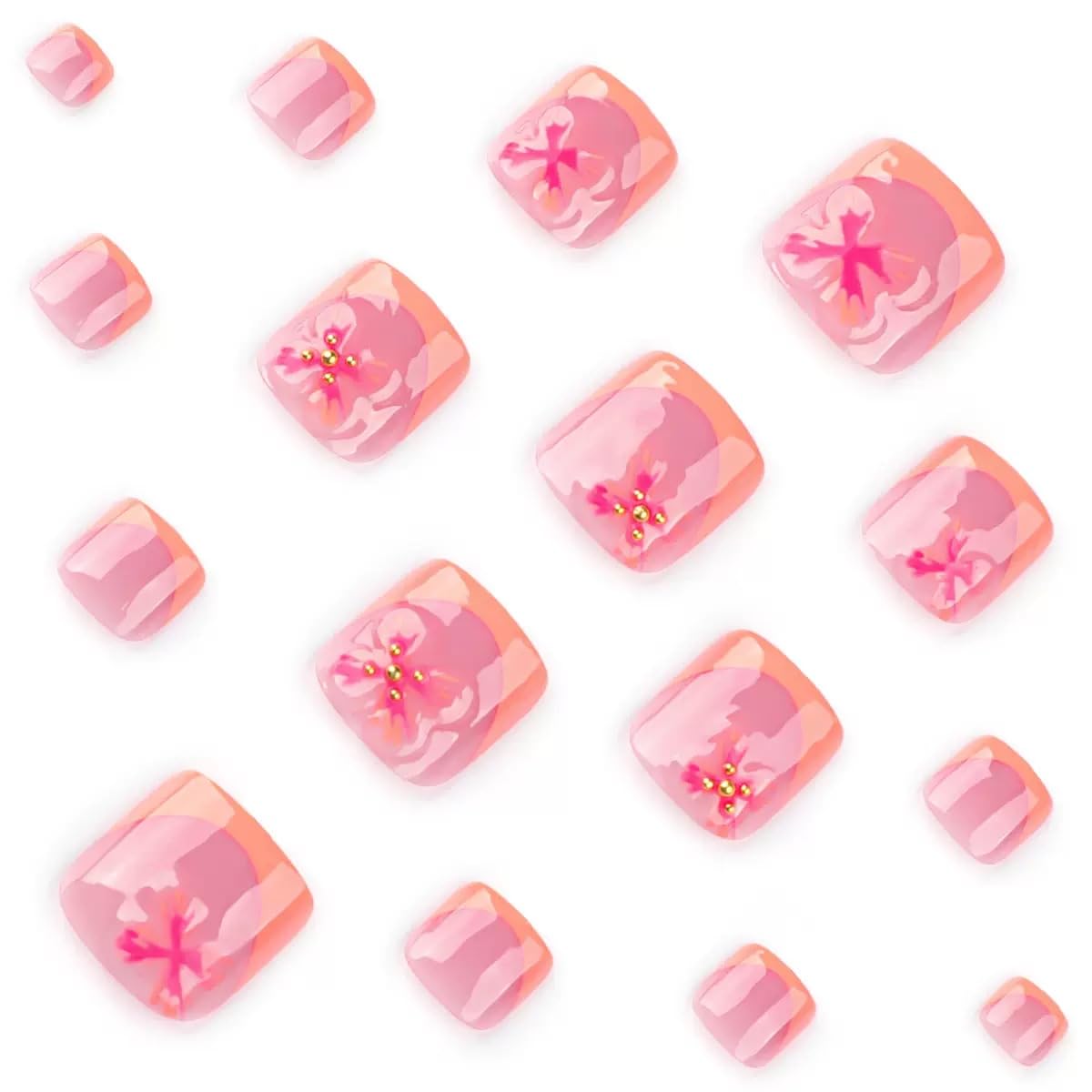 CTTHNBD Press on Toenails - Orange French Tip Fake Toenails with Flower Design - Golssy, Summer False Toe Nails for Women - 24 Pcs