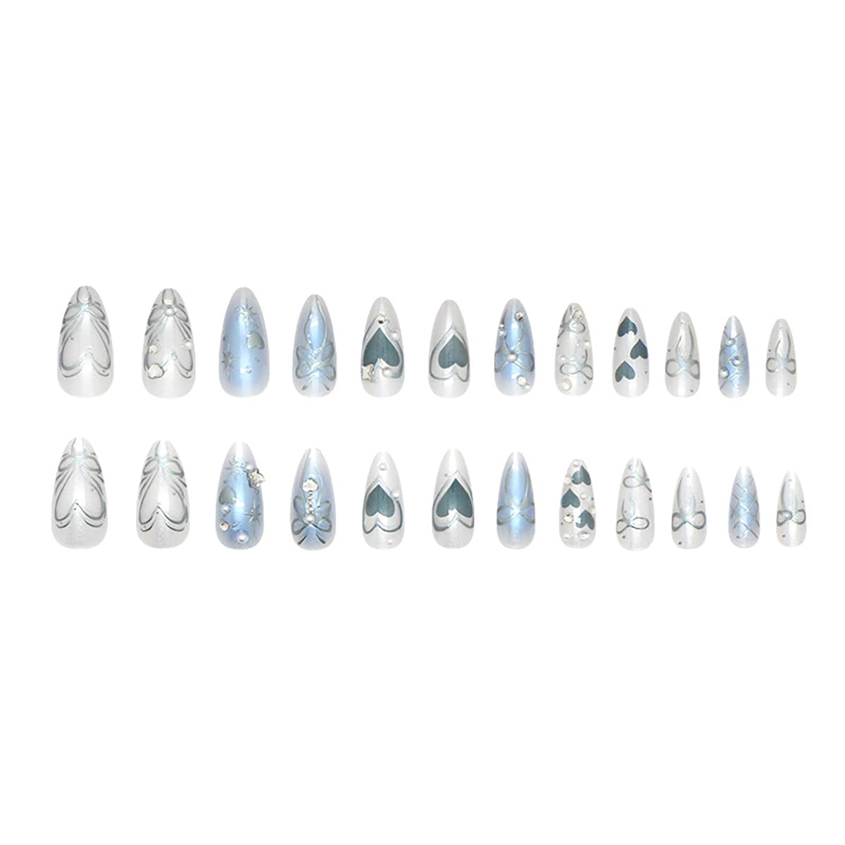 Blue Press on Nails Almond Fake Nails Silver Bow Heart with Rhinestone Design Star False Nail Pearl Stick on Nails Artificial Glossy Glue on Nail Full Cover Long Nail for Women Salon Manicure