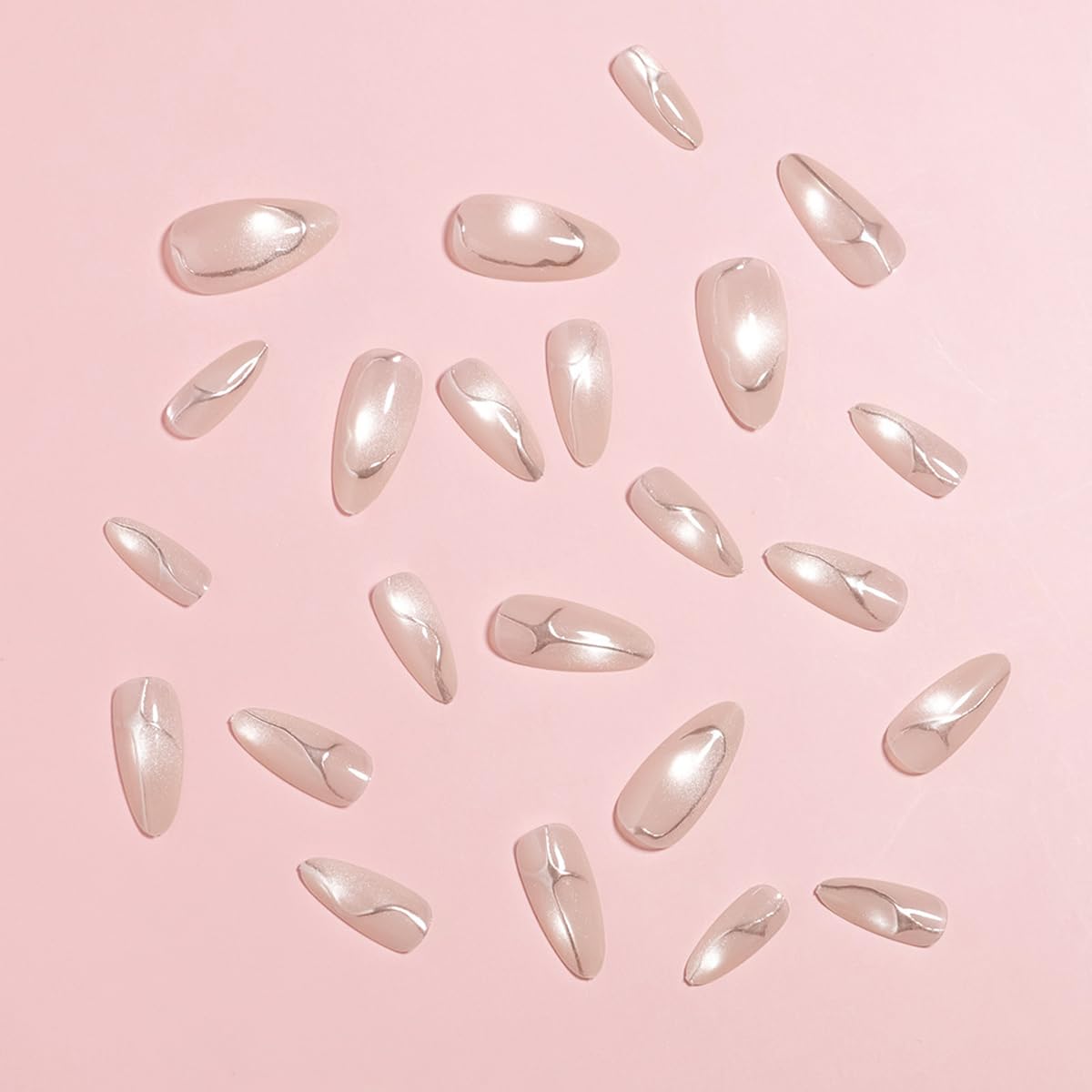 Medium Almond Press on Nails - Cat Eye Fake Nails with Lrregular Silver Line Designs False Nails Punk Style Glue on Nails Glossy Full Cover Stick on Nails for Women Manicure 24Pcs