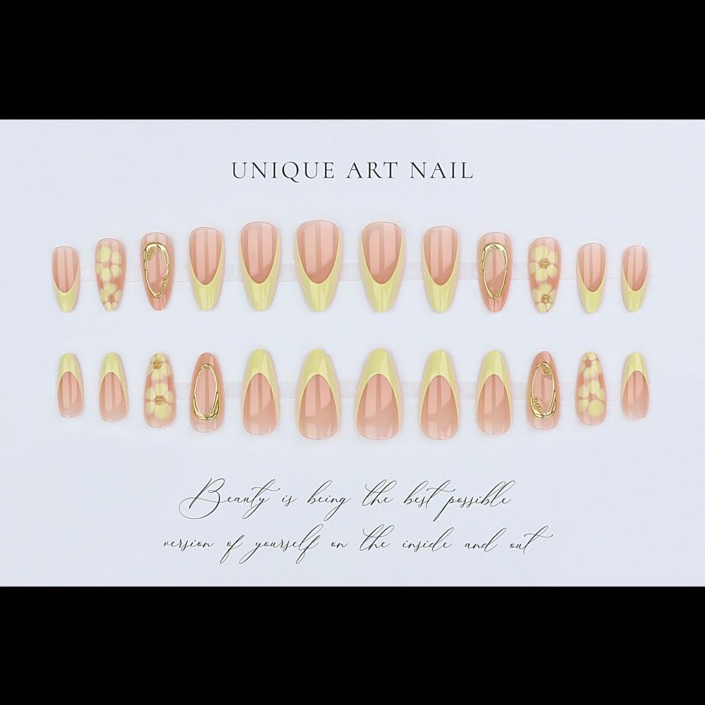 French Tips Press on Nails Medium Almond Fake Nails with Yellow Flower Design Glossy 5D Gold Lines Glue on Nail Floral Nails Press ons Reusable Full Cover Spring Summer Nail for Women Manicure 24Pcs