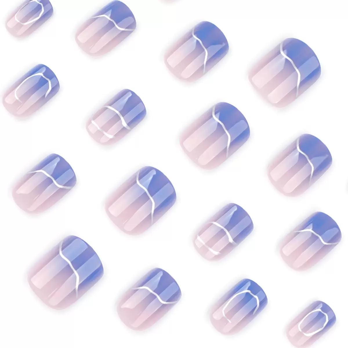CTTHNBD Press on Nails Short - Square Fake Nails with Silver Irragular Design - Blue Ombre False Nails Press ons - for Women 24 Pcs