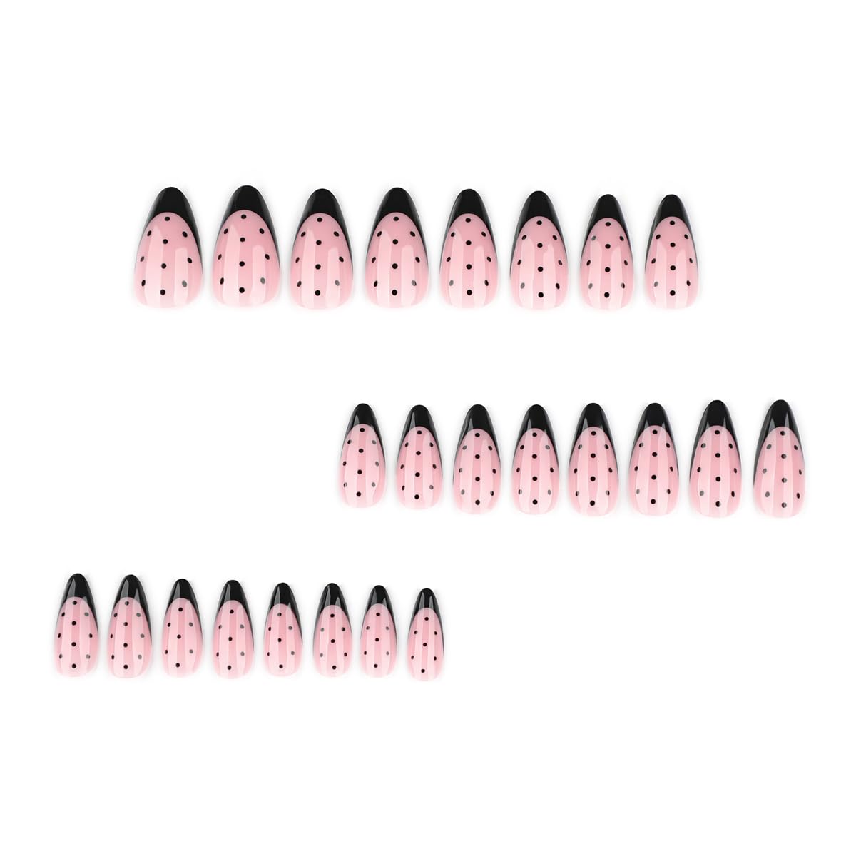 Polka Dot Press on Nails - Medium Almond Fake Nails with Black French Tip Designs False Nails Glossy Glue on Nails Reusable Full Cover Stick on Nails for Women Manicure 24Pcs