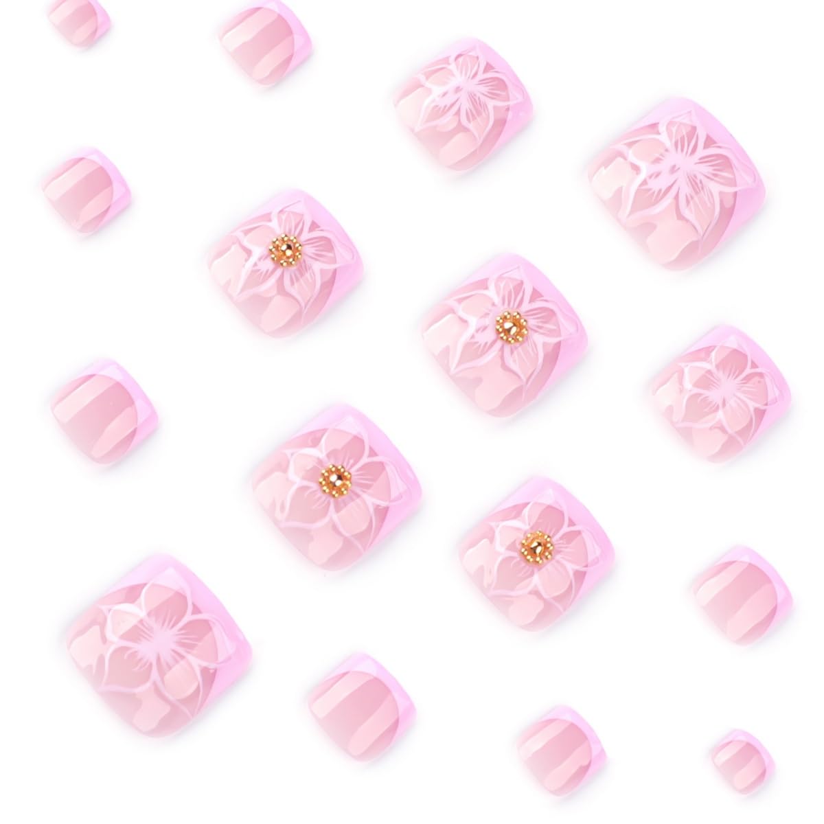 Pink Press on Toenails Short Square French Tips Fake Toe Nails Nude Flower Designs False Toe nails Full Cover Glue on Toenails Summer Floral Glossy Acrylic Toe Nails for Women DIY Manicure 24Pcs
