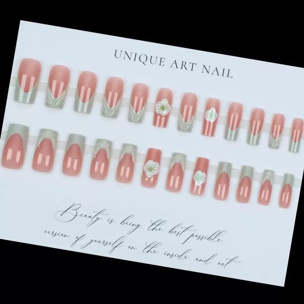 CTTHNBD Medium Press on Square Nails - Green French Tip Fake Nails with Flower Design - 3D, Spring False Nails for Women 24 Pcs